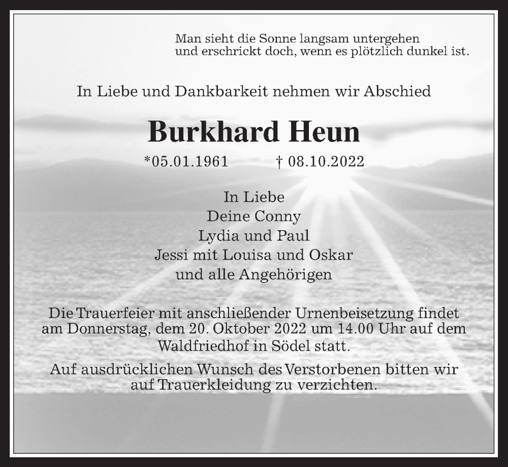  Traueranzeige für Burkhard Heun vom 15.10.2022 aus Wetterauer Zeitung