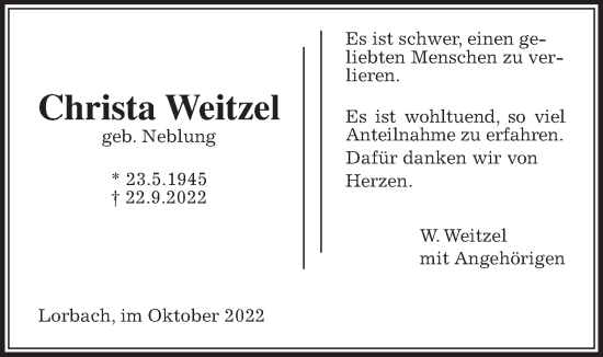 Traueranzeige von Christa Weitzel von Kreis-Anzeiger