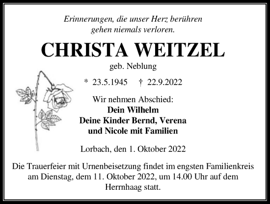 Traueranzeige von Christa Weitzel von Kreis-Anzeiger