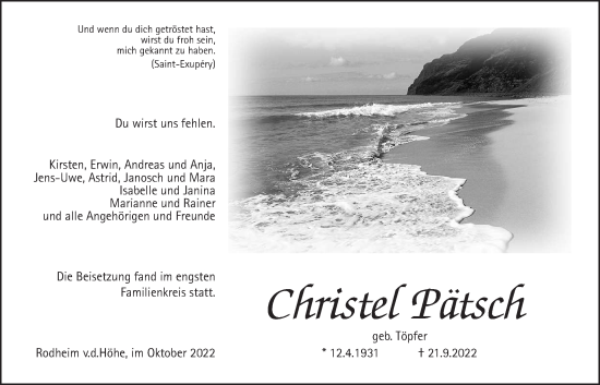 Traueranzeige von Christel Pätsch von Wetterauer Zeitung