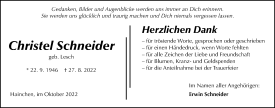 Traueranzeige von Christel Schneider von Kreis-Anzeiger