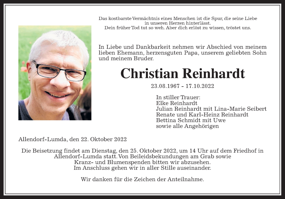  Traueranzeige für Christian Reinhardt vom 22.10.2022 aus Giessener Allgemeine, Alsfelder Allgemeine, Giessener Anzeiger