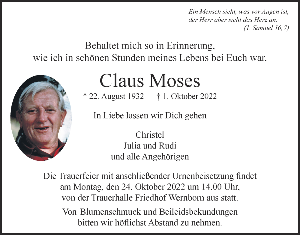  Traueranzeige für Claus Moses vom 15.10.2022 aus Usinger Anzeiger