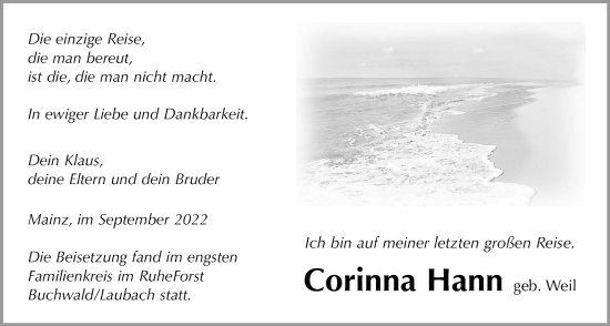 Traueranzeige von Corinna Hann von Alsfelder Allgemeine