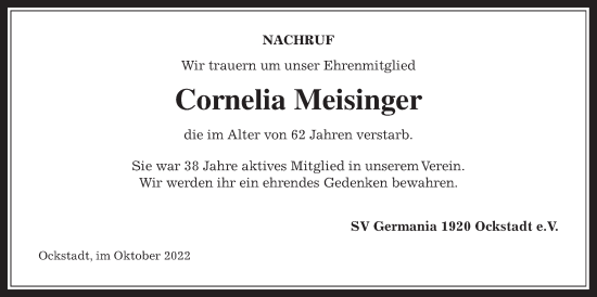 Traueranzeige von Cornelia Meisinger von Wetterauer Zeitung