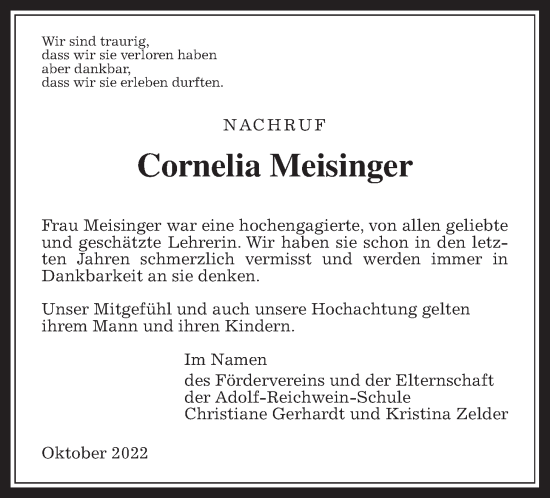Traueranzeige von Cornelia Meisinger von Wetterauer Zeitung