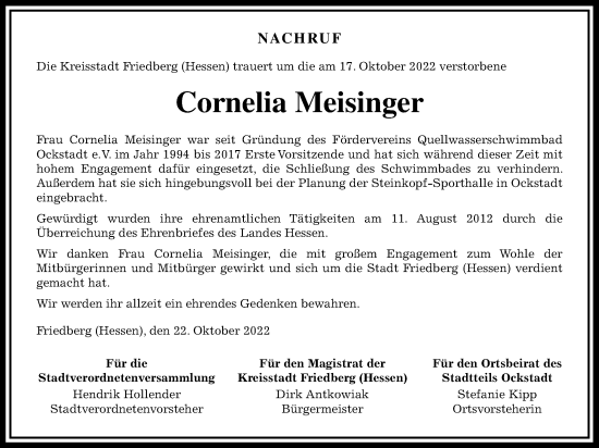 Traueranzeige von Cornelia Meisinger von Wetterauer Zeitung