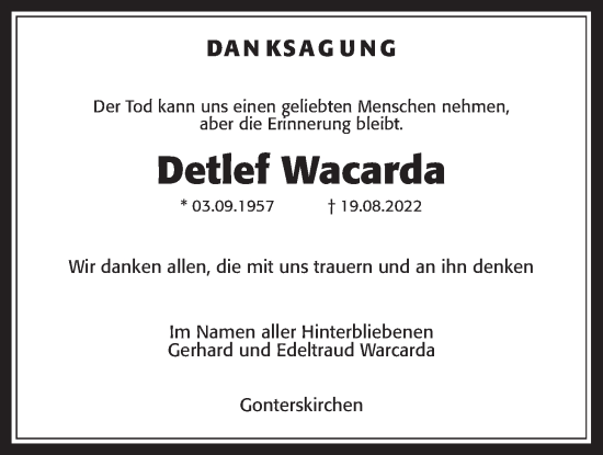 Traueranzeige von Detlef Wacarda von Wetterauer Zeitung, Giessener Allgemeine, Alsfelder Allgemeine, Laubacher Anzeiger