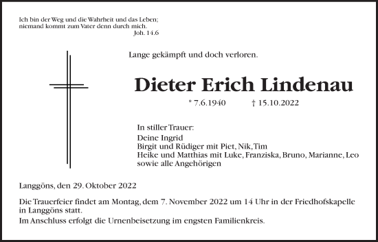 Traueranzeige von Dieter Erich Lindenau von Giessener Allgemeine, Alsfelder Allgemeine, Giessener Anzeiger