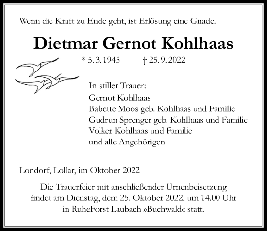 Traueranzeige von Dietmar Gernot Kohlhaas von Rabenauer Zeitung, Allendorfer Mitteilungen, Giessener Allgemeine, Alsfelder Allgemeine, Giessener Anzeiger