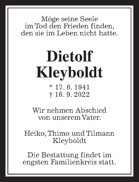 Traueranzeige von Dietolf Kleyboldt von Wetterauer Zeitung, , 