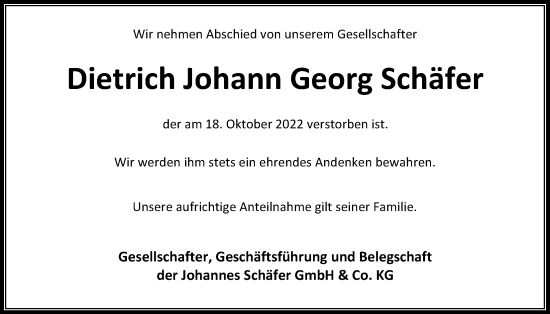 Traueranzeige von Dietrich Johann Georg Schäfer von Giessener Allgemeine, Alsfelder Allgemeine