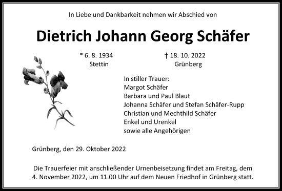 Traueranzeige von Dietrich Johann Georg Schäfer von Giessener Allgemeine, Alsfelder Allgemeine