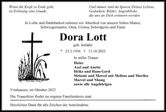 Traueranzeige von Dora Lott von Kreis-Anzeiger