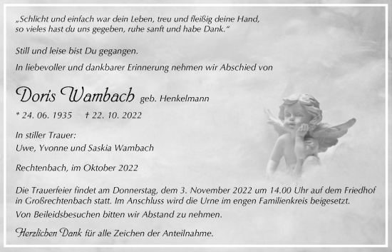 Traueranzeige von Doris Wambach von Giessener Anzeiger