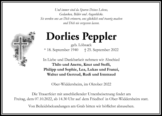 Traueranzeige von Dorlies Peppler von Kreis-Anzeiger