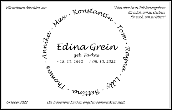 Traueranzeige von Edina Grein von Giessener Allgemeine, Alsfelder Allgemeine