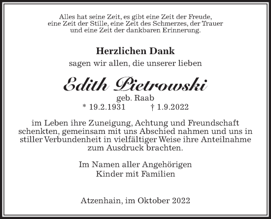 Traueranzeige von Edith Pietrowski von Alsfelder Allgemeine