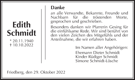 Traueranzeige von Edith Schmidt von Wetterauer Zeitung