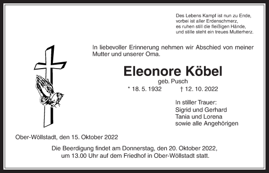 Traueranzeige von Eleonore Köbel von Wetterauer Zeitung