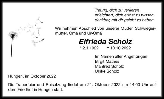 Traueranzeige von Elfrieda Scholz von Licher Wochenblatt