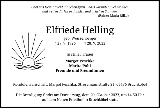 Traueranzeige von Elfriede Helling 