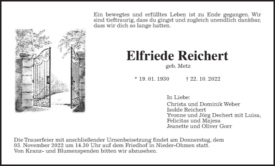 Traueranzeige von Elfriede Reichert von Giessener Allgemeine, Alsfelder Allgemeine