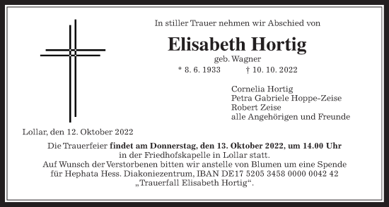 Traueranzeige von Elisabeth Hortig von Giessener Anzeiger, Giessener Allgemeine, Alsfelder Allgemeine