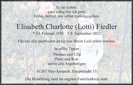 Traueranzeige von Elisabeth Charlotte Fiedler von Usinger Anzeiger