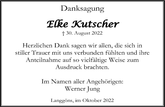 Traueranzeige von Elke Kutscher von Giessener Anzeiger, Giessener Allgemeine, Alsfelder Allgemeine