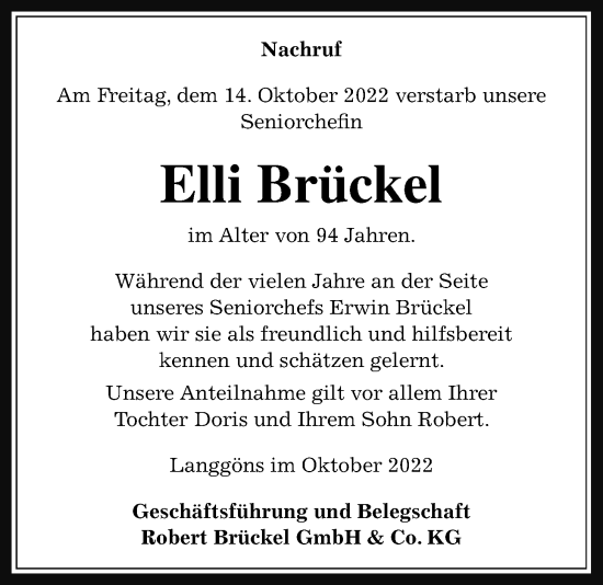 Traueranzeige von Elli Brückel von Giessener Allgemeine, Alsfelder Allgemeine, Giessener Anzeiger