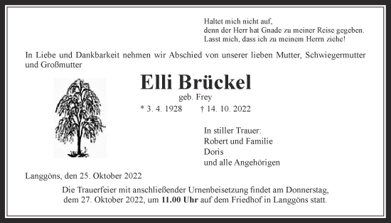 Traueranzeige von Elli Brückel von Giessener Allgemeine, Alsfelder Allgemeine, Giessener Anzeiger