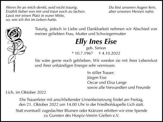 Traueranzeige von Elly Ines Eise von Licher Wochenblatt