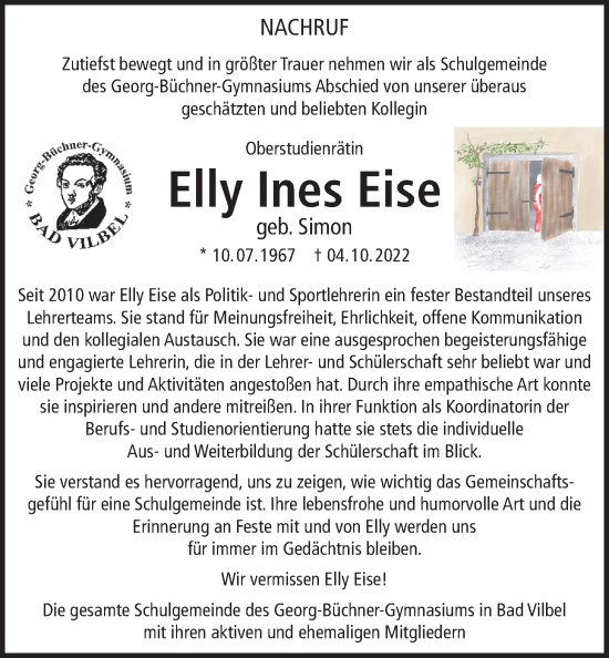 Traueranzeige von Elly Ines Eise von Bad Vilbel/Karben