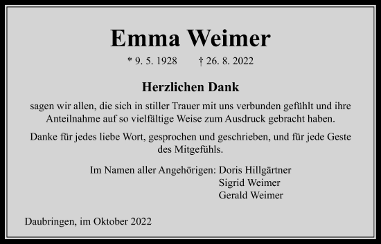Traueranzeige von Emma Weimer von Giessener Allgemeine, Alsfelder Allgemeine, Giessener Anzeiger