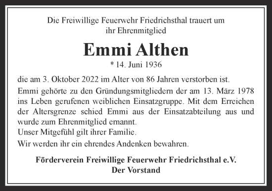 Traueranzeige von Emmi Althen von Usinger Anzeiger
