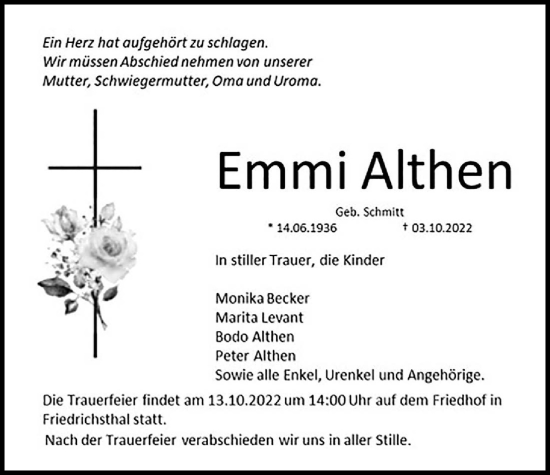 Traueranzeige von Emmi Althen von Usinger Anzeiger