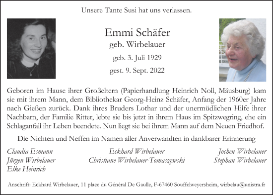 Traueranzeige von Emmi Schäfer von Giessener Allgemeine, Alsfelder Allgemeine