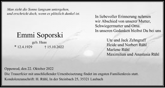 Traueranzeige von Emmi Soporski von Giessener Allgemeine, Alsfelder Allgemeine, Giessener Anzeiger