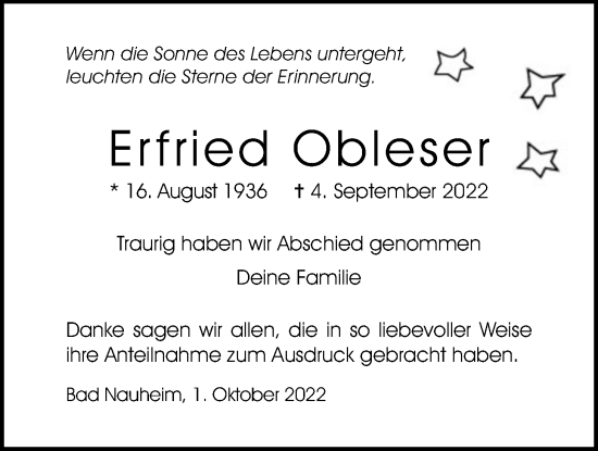 Traueranzeige von Erfried Obleser von Wetterauer Zeitung