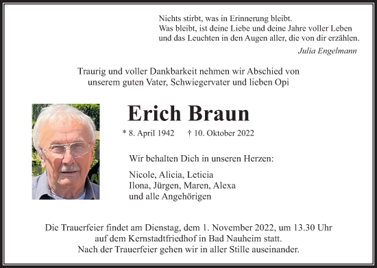 Traueranzeige von Erich Braun von Wetterauer Zeitung
