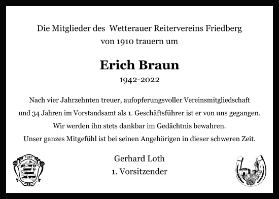 Traueranzeige von Erich Braun von Wetterauer Zeitung