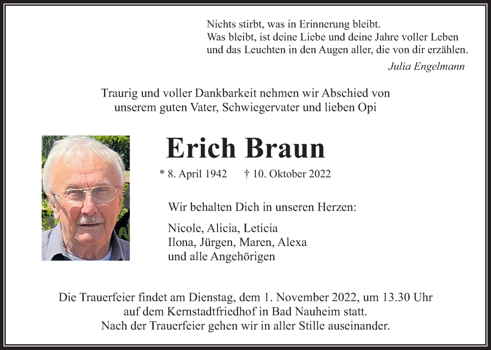  Traueranzeige für Erich Braun vom 22.10.2022 aus Wetterauer Zeitung