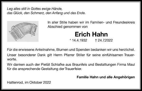 Traueranzeige von Erich Hahn von Licher Wochenblatt