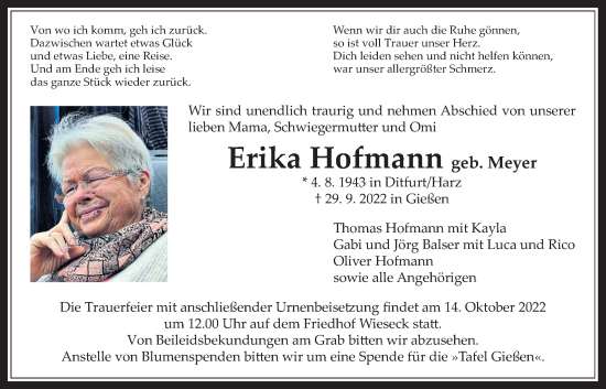 Traueranzeige von Erika Hofmann von Giessener Allgemeine, Alsfelder Allgemeine