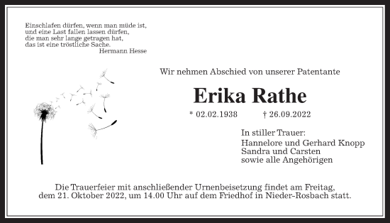 Traueranzeige von Erika Rathe von Wetterauer Zeitung