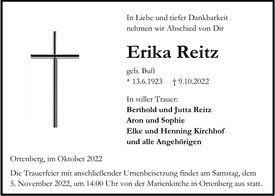 Traueranzeige von Erika Reitz von Kreis-Anzeiger