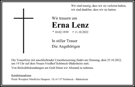 Traueranzeige von Erna Lenz von Bad Vilbel/Karben