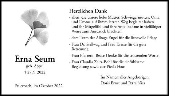 Traueranzeige von Erna Seum von Kreis-Anzeiger