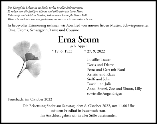 Traueranzeige von Erna Seum von Kreis-Anzeiger